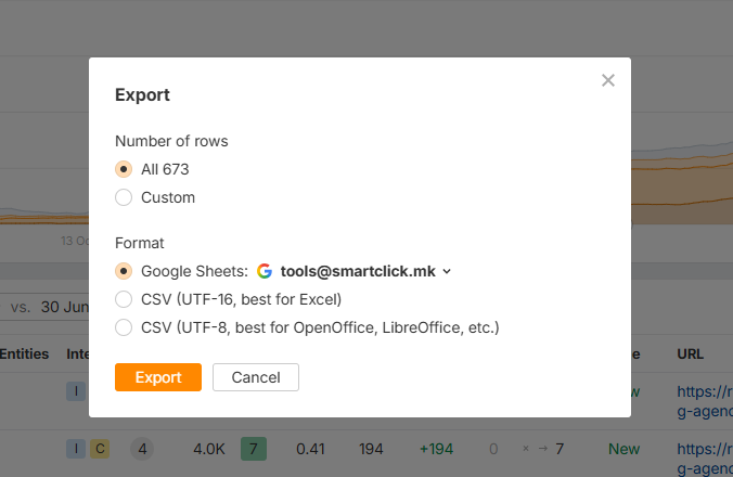 export window on Ahrefs
