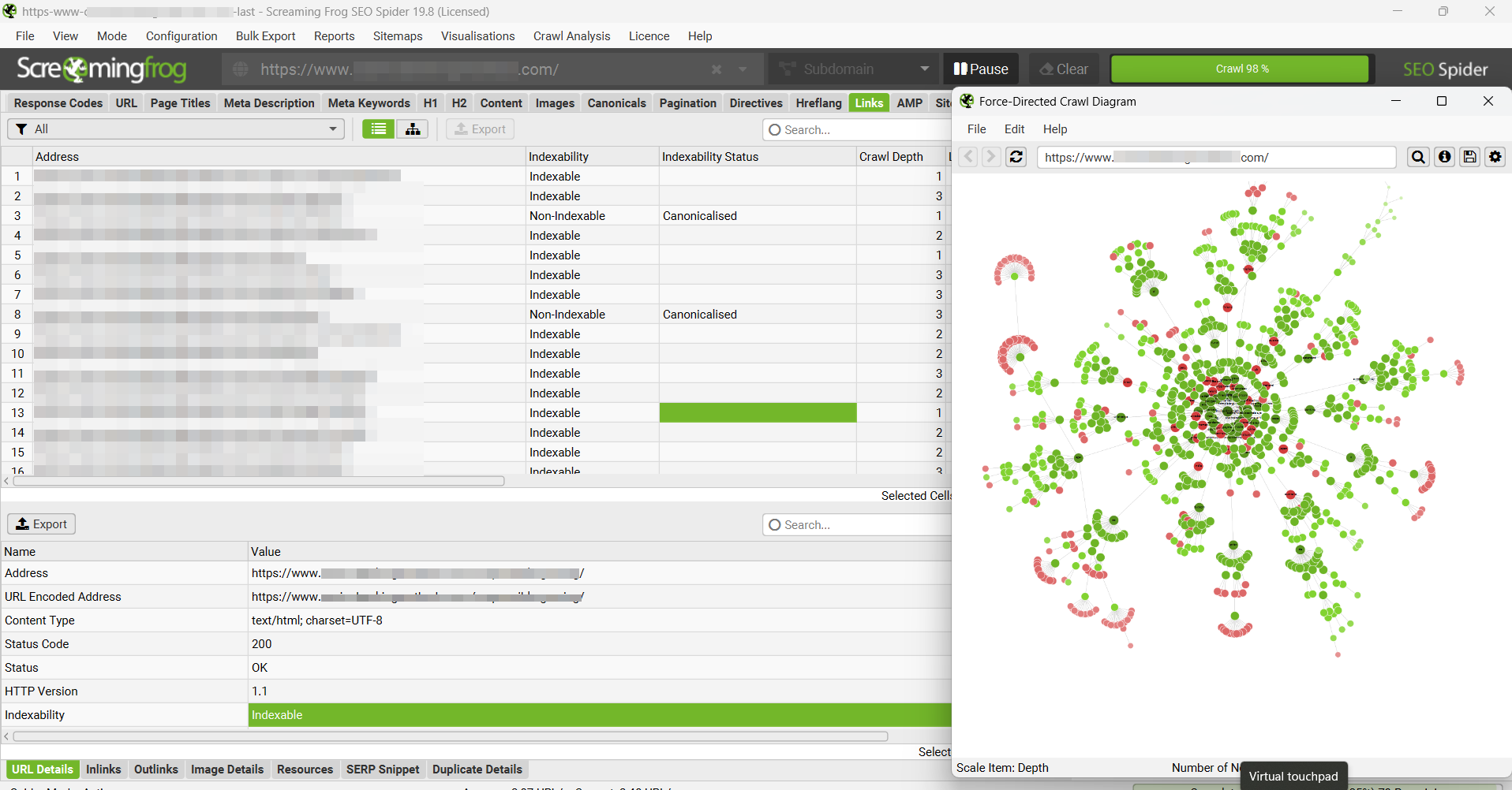 a screenshot from Screaming frog showing technical issues