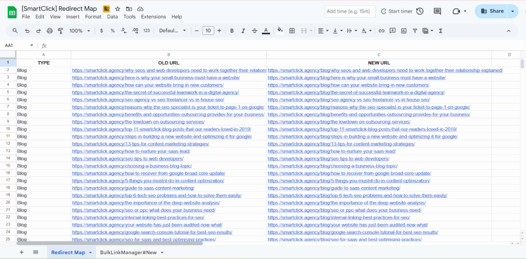 redirect map showing what should new urls look like after the seo migration
