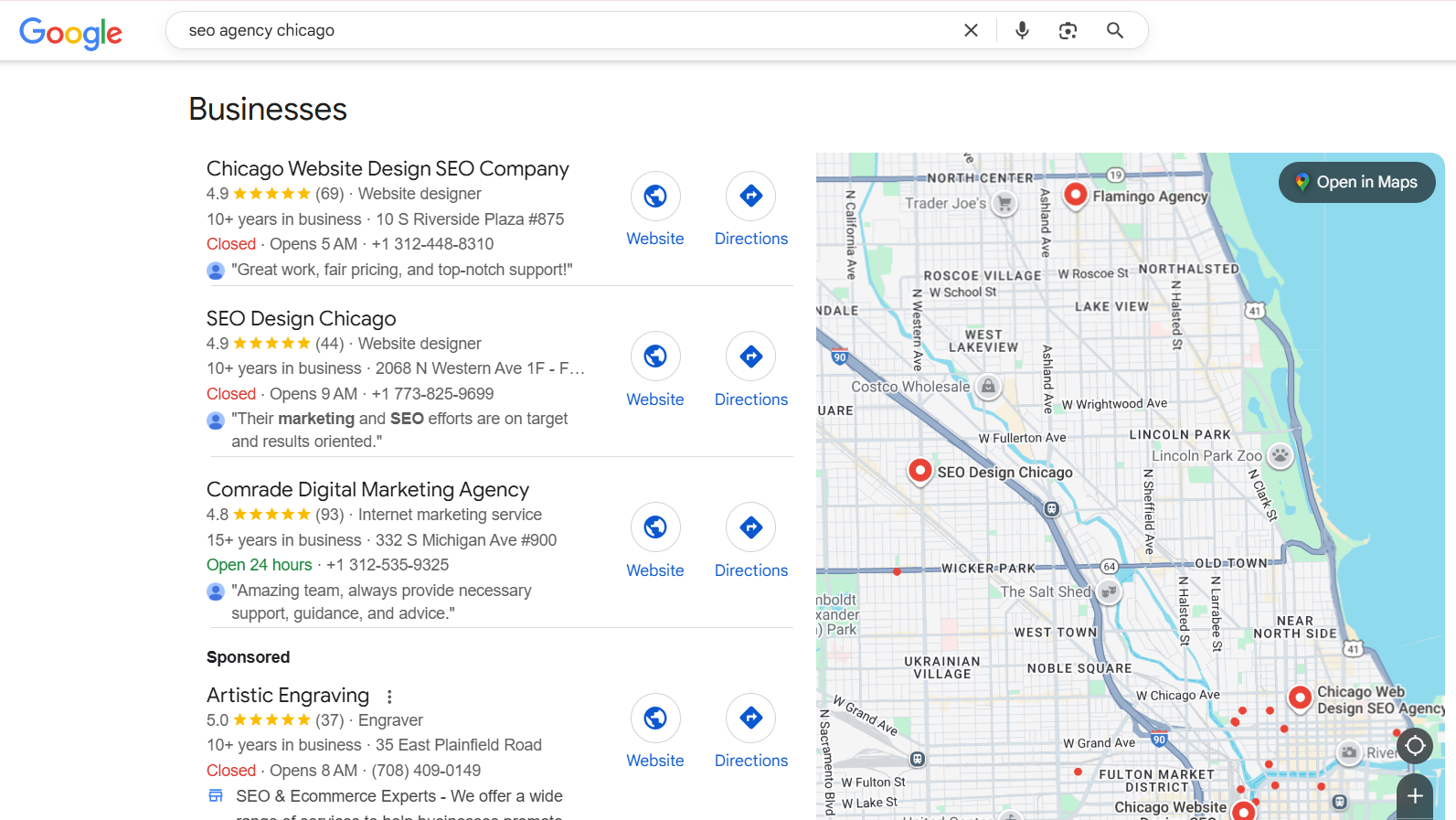 businesses list example on Google