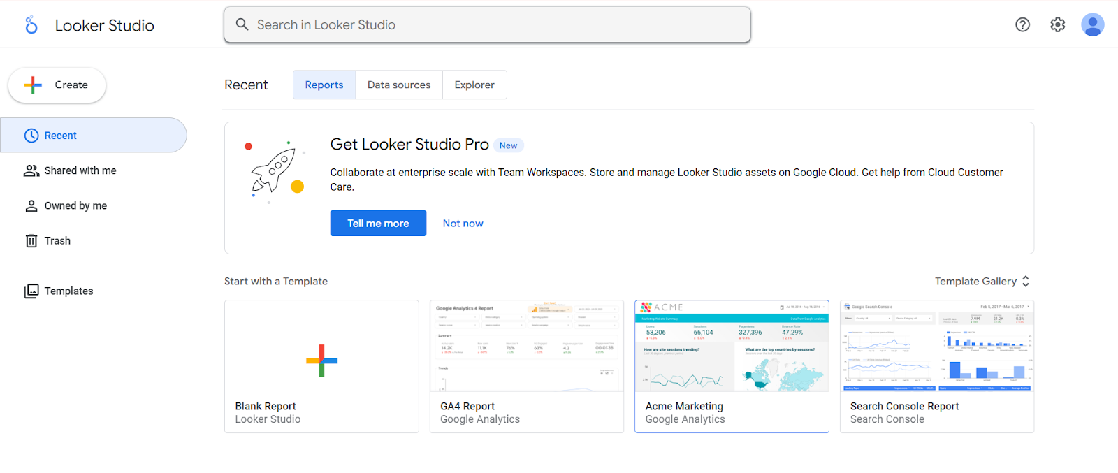 Looker Studio homepage