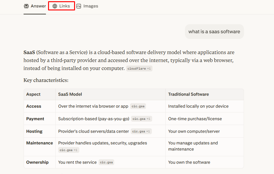 the "links" tab in perplexity search