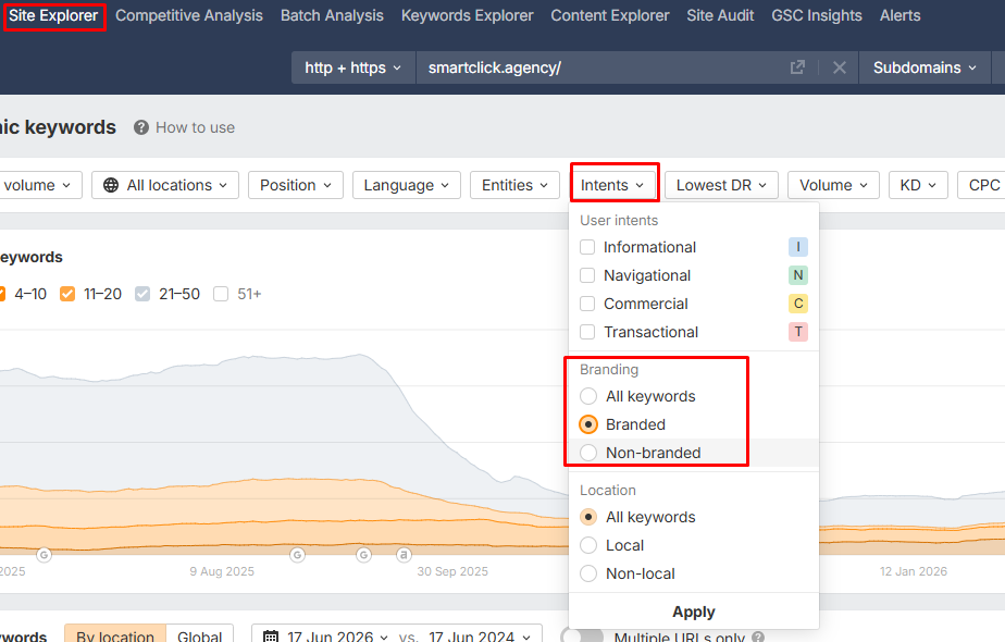 how to measure branded vs non-branded queries using Ahrefs
