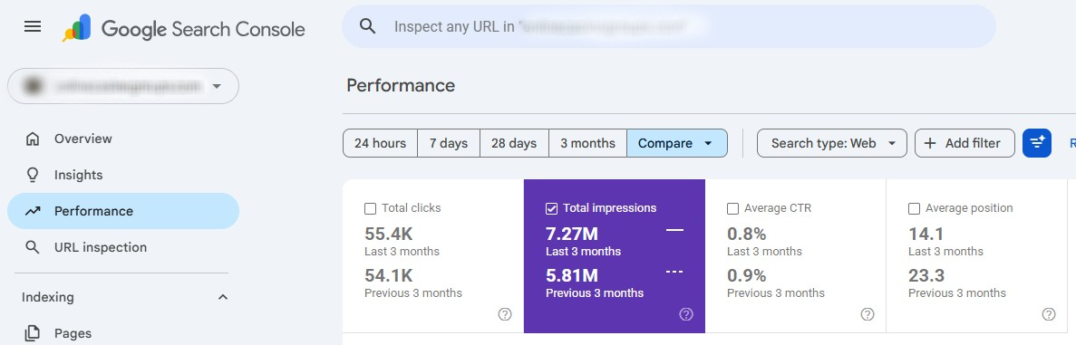 a screenshot from a GSC showing total impressions comparasion from previous 3 months