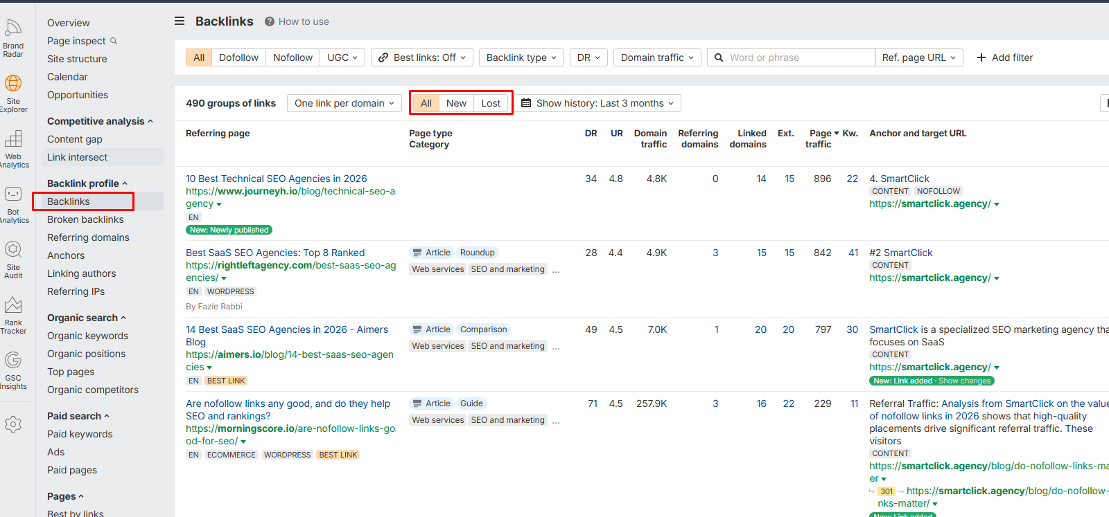 a screenshot from Ahrefs how to track all, new and lost  backlinks