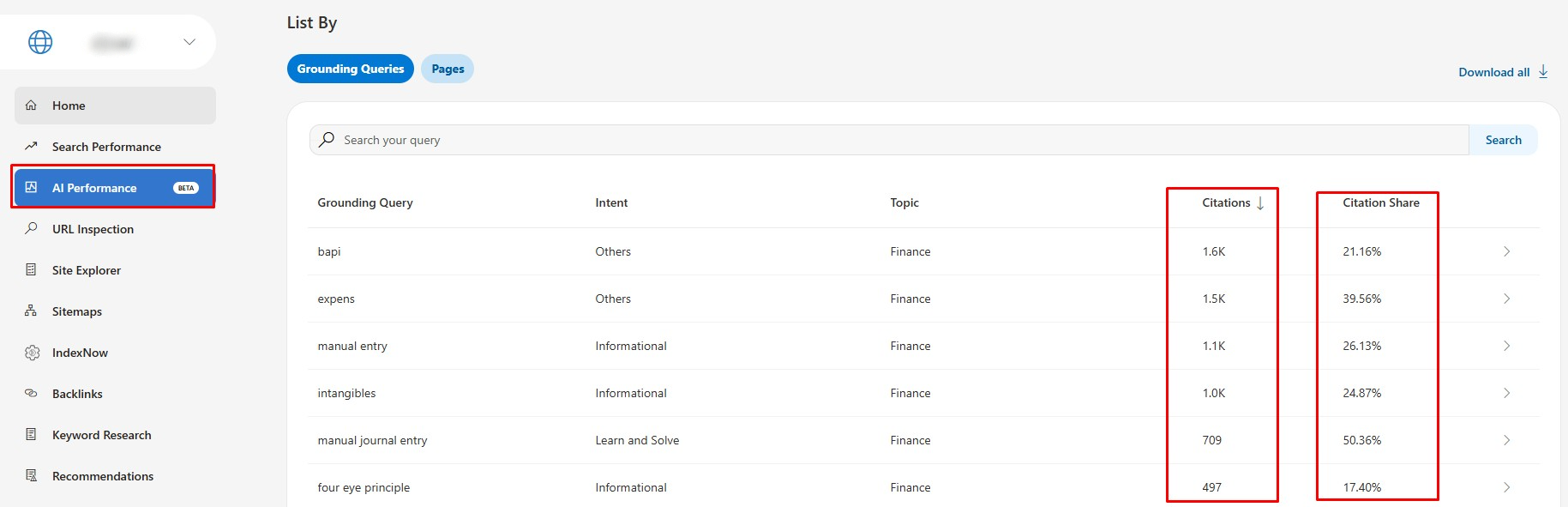 tracking citations and citation rate in Bing Webmaster Tools