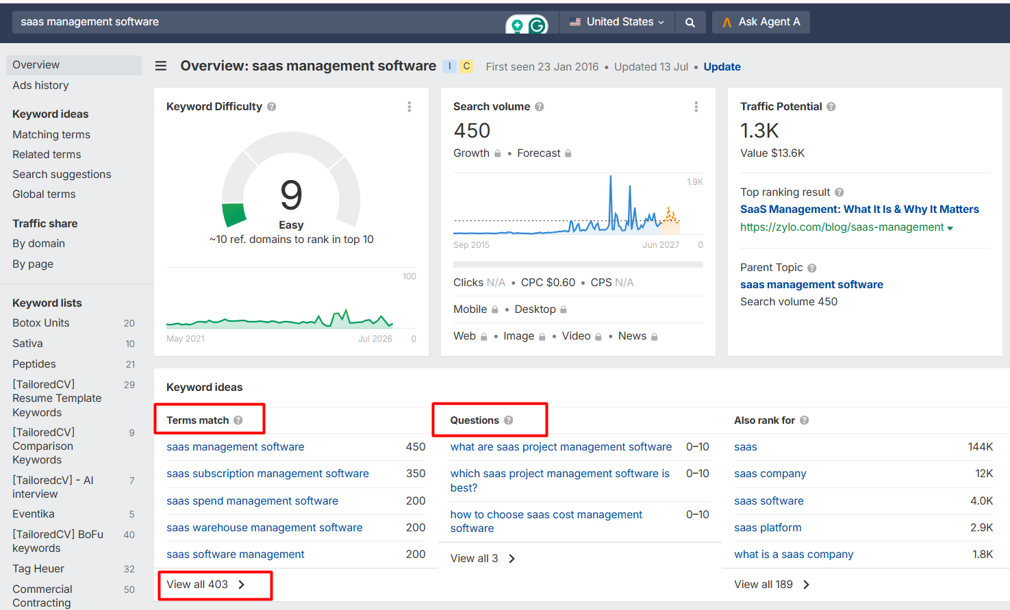 how to find matching terms for a given keyword on Ahrefs