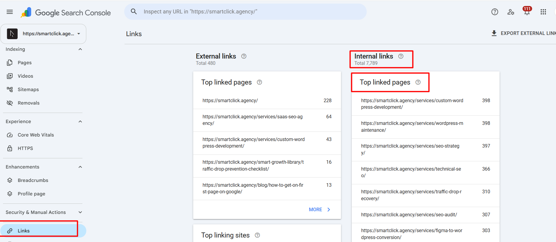 a screenshot form GSC showing how to find pages with internal linking