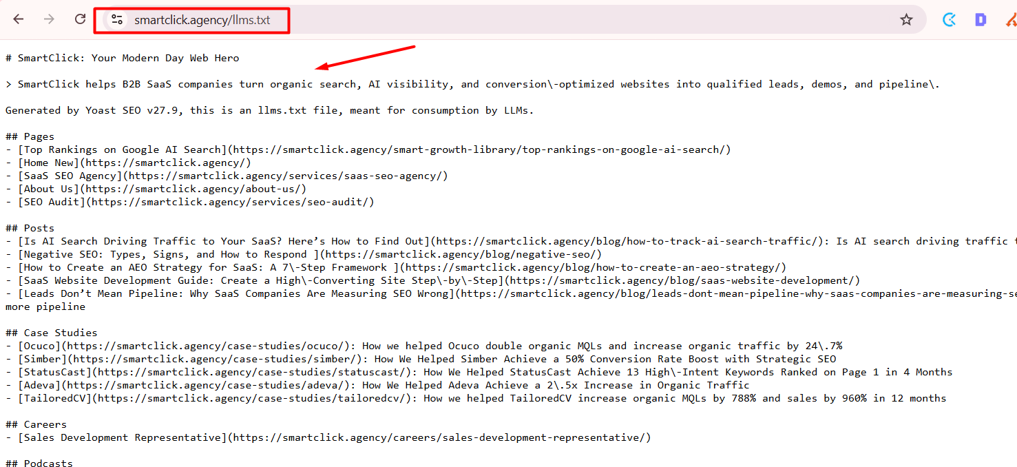 a screenshot how an llms.txt file looks liek and how to find it